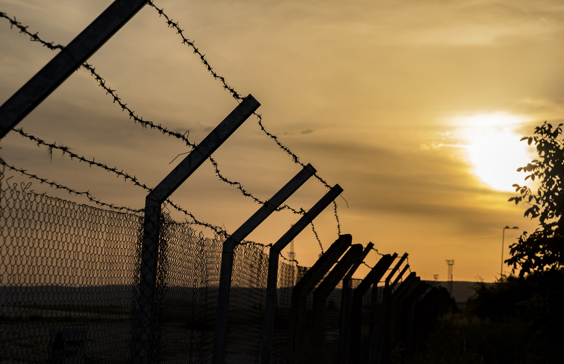 Silhouette of barbed wire fence at sunset