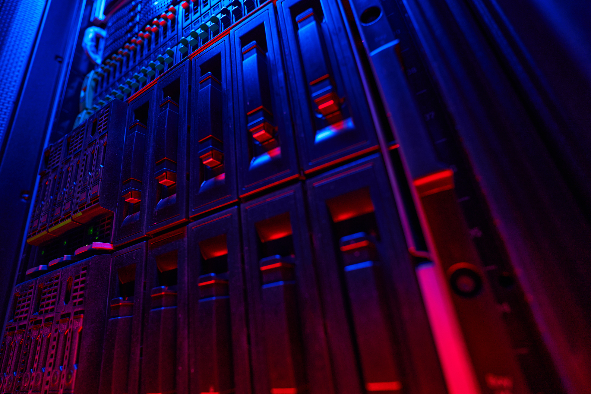 Modern interior of database center with a lot of hard drives