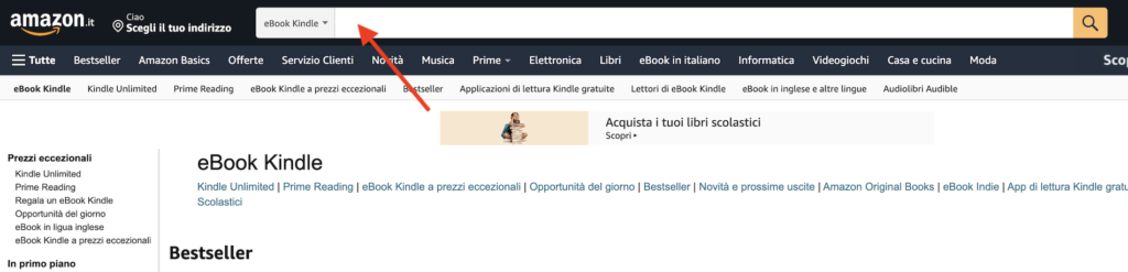 Barra di ricerca libri su Amazon