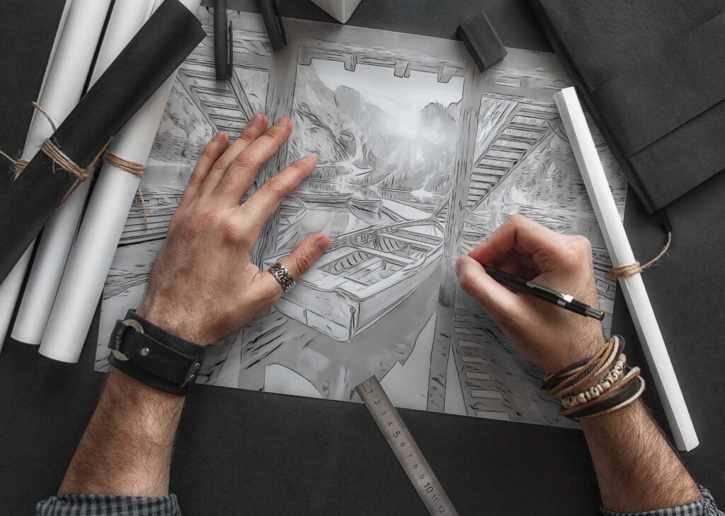 Lago in montagna, coloring page in scala di grigio