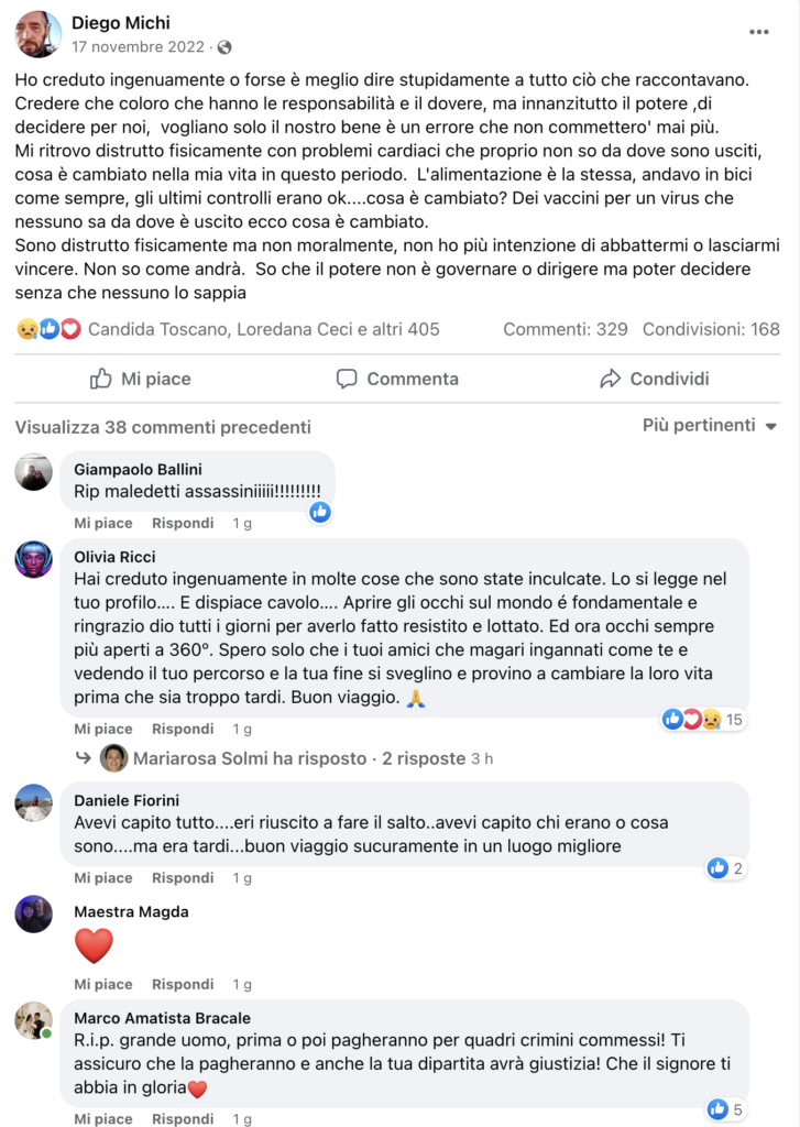 Screenshot Post Facebook di Diego Michi