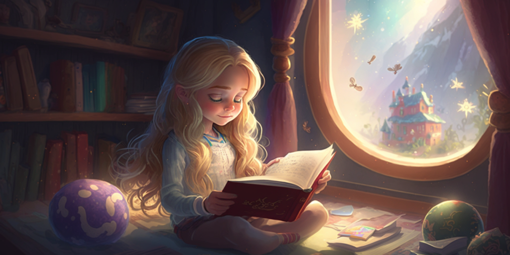 Bambina che legge un libro, illustrazione creata con l'AI