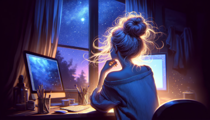 Riflette, mentre lavora al computer di sera