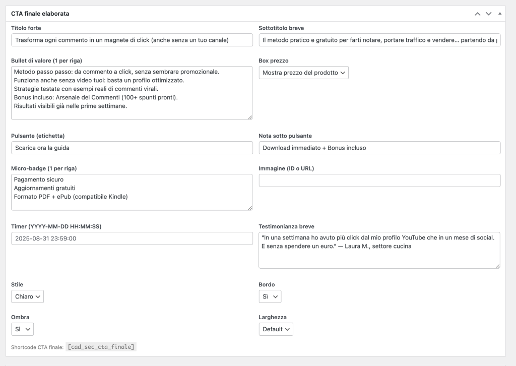 Sezione CTA finale nell'editor del prodotto