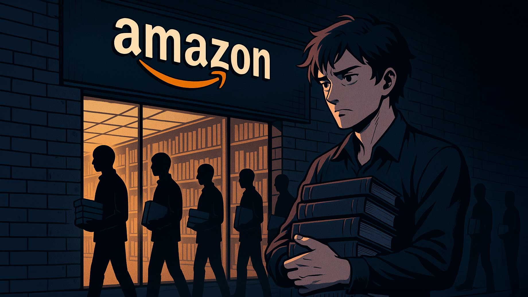 Autore con libri in mano osserva la fila di scrittori davanti a un negozio Amazon, metafora del self publishing truccato.