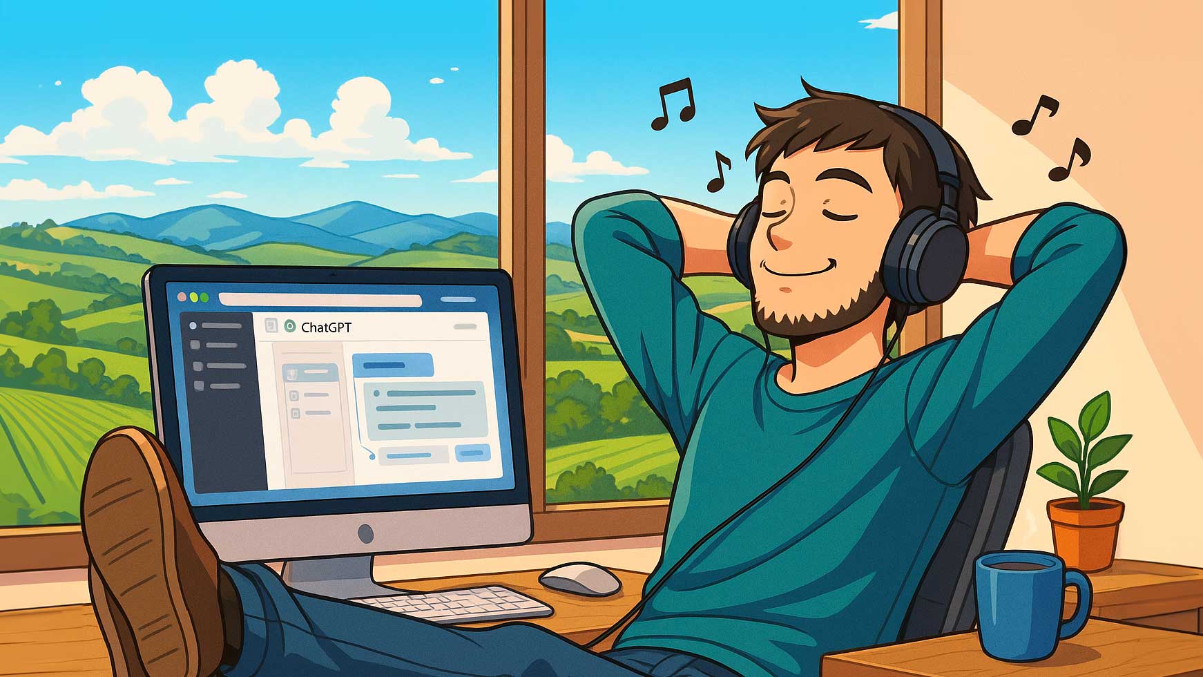 Blogger rilassato con cuffie davanti all’iMac che lavora con agenti ChatGPT, sfondo colline umbre, stile anime manga.