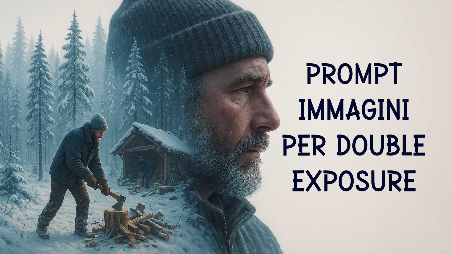 Prompt immagini doppia esposizione ChatGPT – esempio creativo di profilo con foresta innevata e lavoro del legno