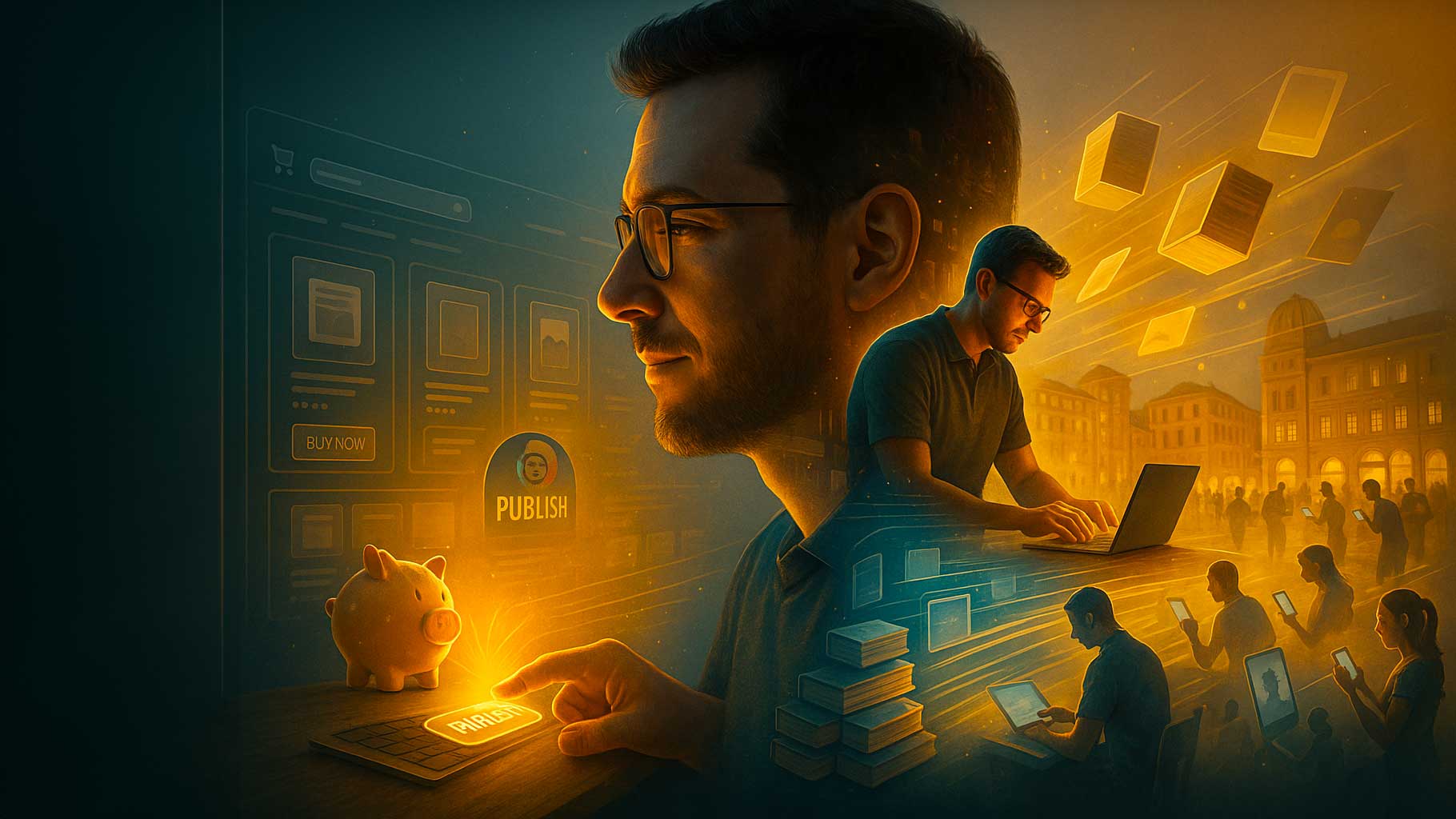 Illustrazione concettuale di un autore indipendente che scopre come vendere ebook online, con grafici di crescita e lettori digitali.