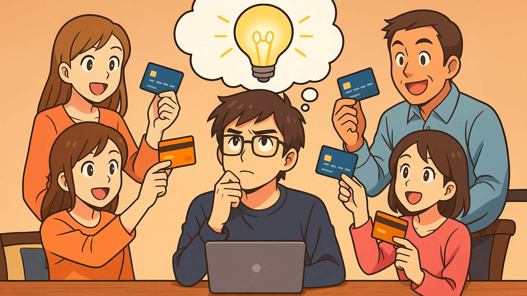 Blogger che pensa un’idea da vendere online con persone che vogliono acquistarla — illustrazione anime su come vendere un’idea prima di crearla.