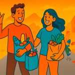 Coppia felice che cammina per la strada con buste della spesa, scambiando merci con artigiani e agricoltori — illustrazione sul baratto moderno.