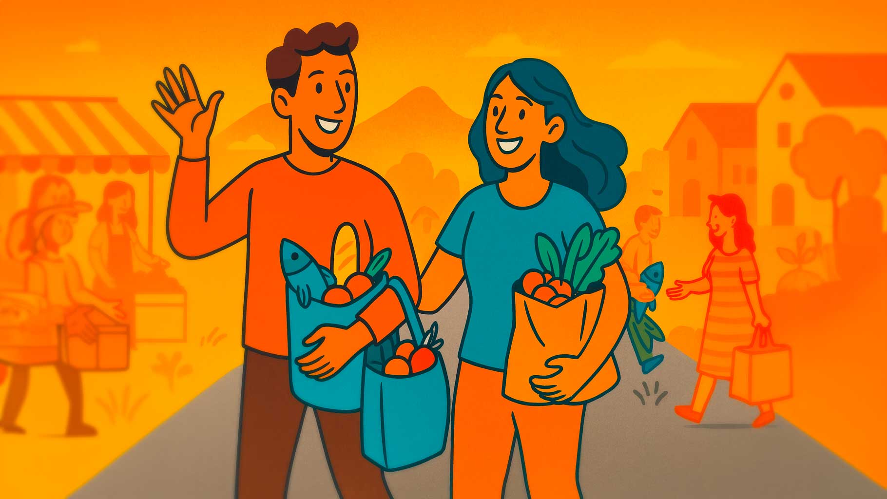 comprare-tutto-senza-soldi-baratto-moderno-coppia-felice Coppia felice che cammina per la strada con buste della spesa, scambiando merci con artigiani e agricoltori — illustrazione sul baratto moderno.