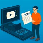 Uomo che trasforma un video YouTube in un eBook grazie al computer, simbolo del metodo per scrivere eBook in serie.