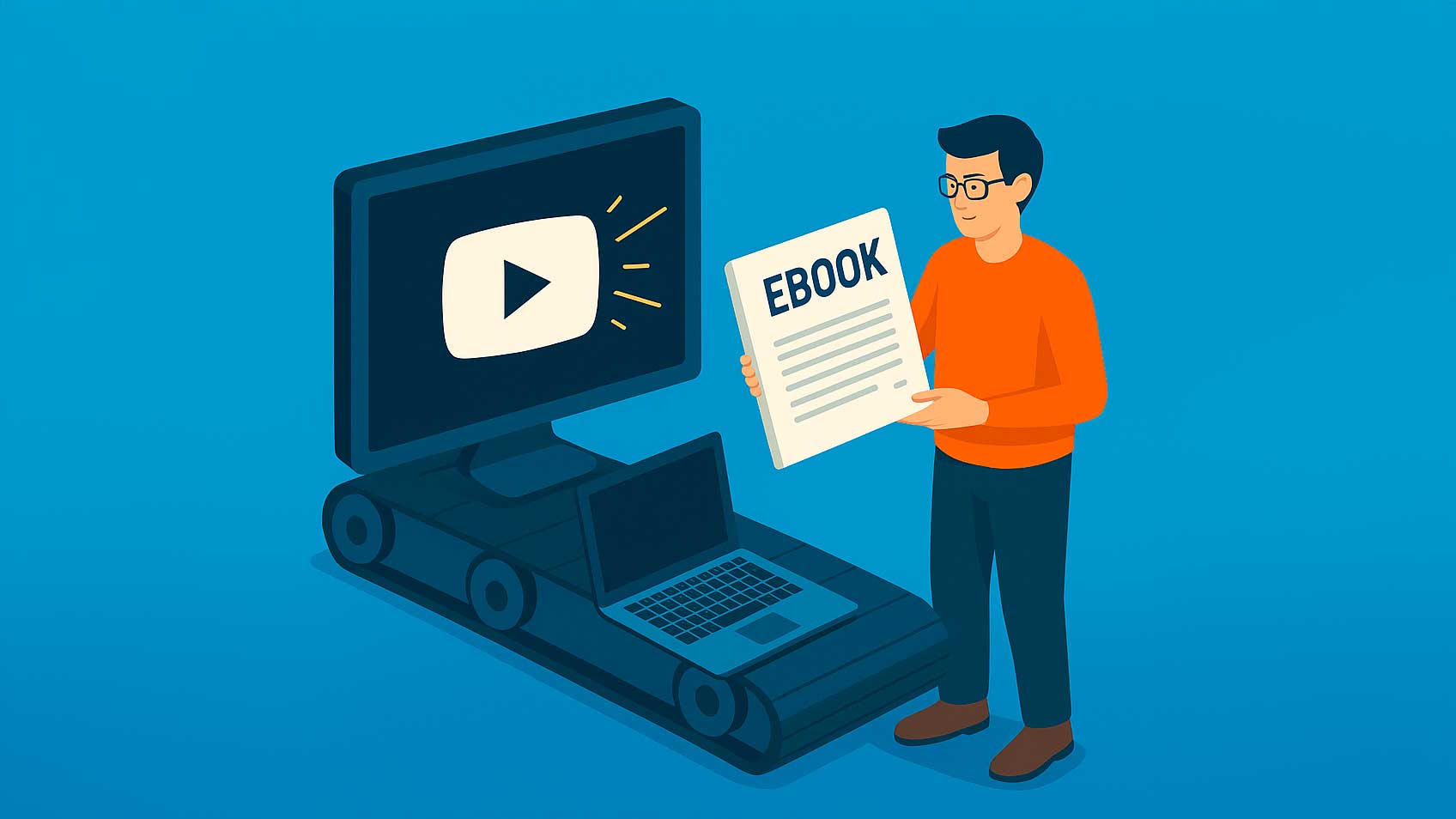 scrivere-ebook-in-serie-youtube-chatgpt Uomo che trasforma un video YouTube in un eBook grazie al computer, simbolo del metodo per scrivere eBook in serie.