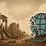 Illustrazione che mostra in parallelo la caduta dell’Impero Romano e il crollo del web moderno, con rovine antiche e un globo digitale frantumato.