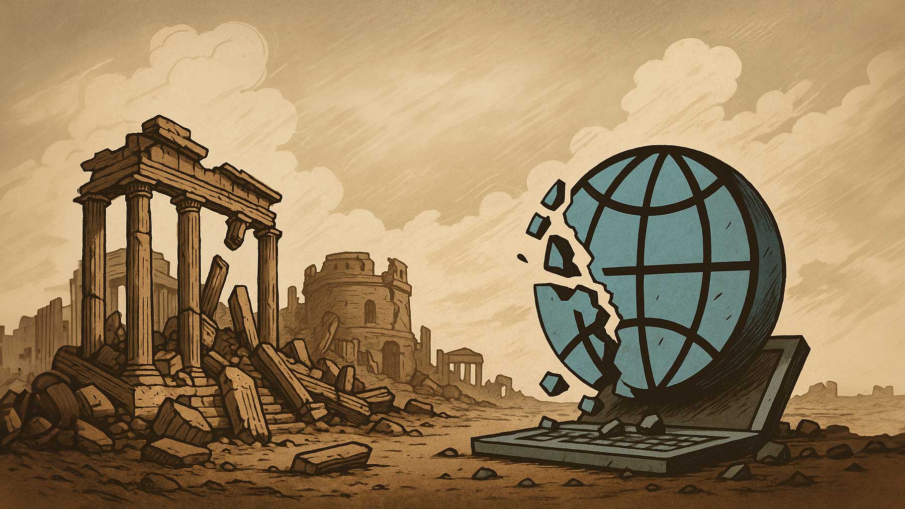 Illustrazione che mostra in parallelo la caduta dell’Impero Romano e il crollo del web moderno, con rovine antiche e un globo digitale frantumato.