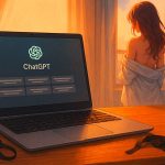 Laptop acceso con la schermata di ChatGPT, un bicchiere di vino e una donna di spalle alla finestra al tramonto. Immagine ispirata all’eBook Scrivere erotica con ChatGPT di Carlo D’Angiò.