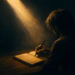 Mano che scrive illuminata da un fascio di luce, simbolo del superare la paura di scrivere e ritrovare la propria voce.