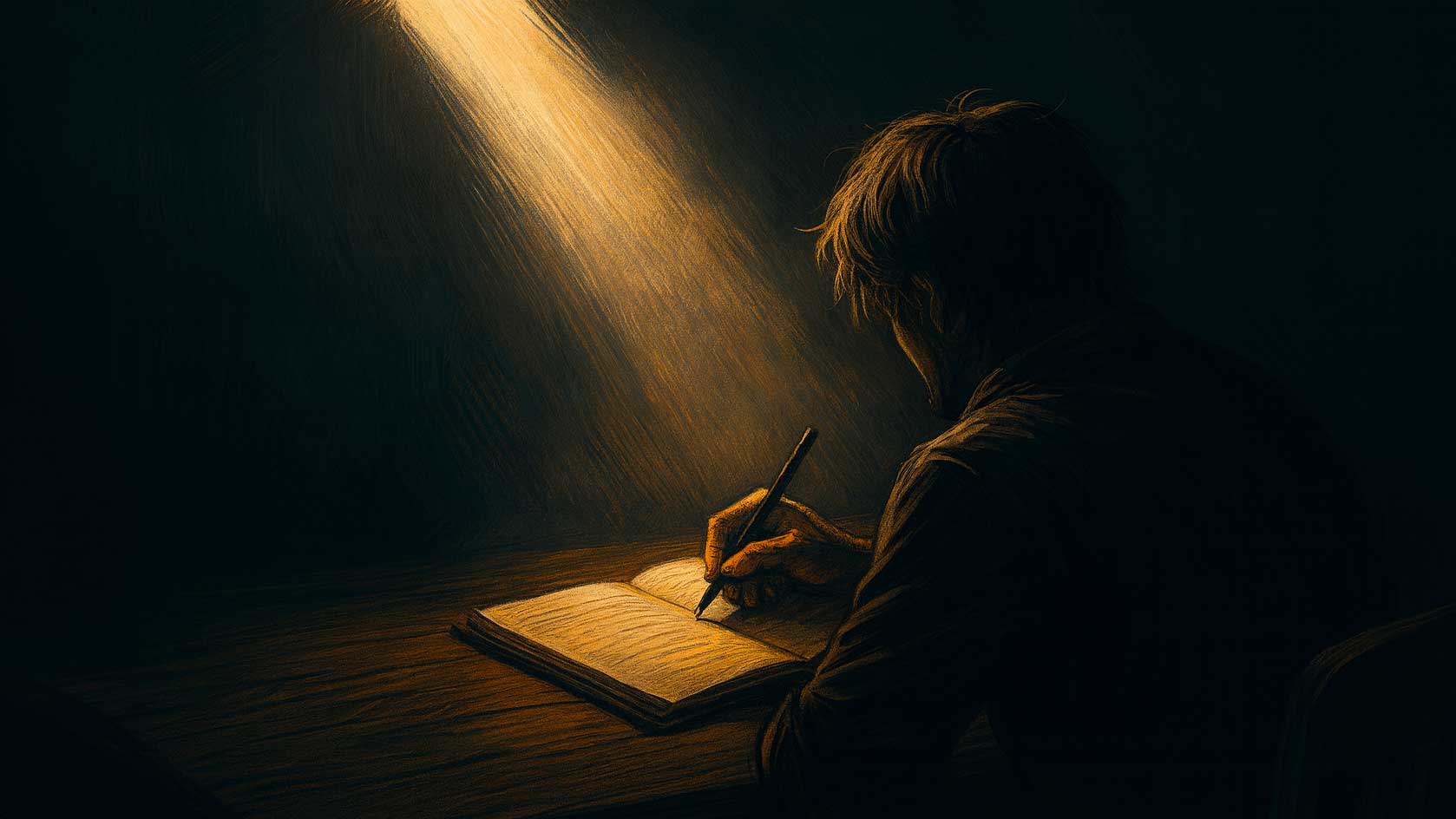 Mano che scrive illuminata da un fascio di luce, simbolo del superare la paura di scrivere e ritrovare la propria voce.