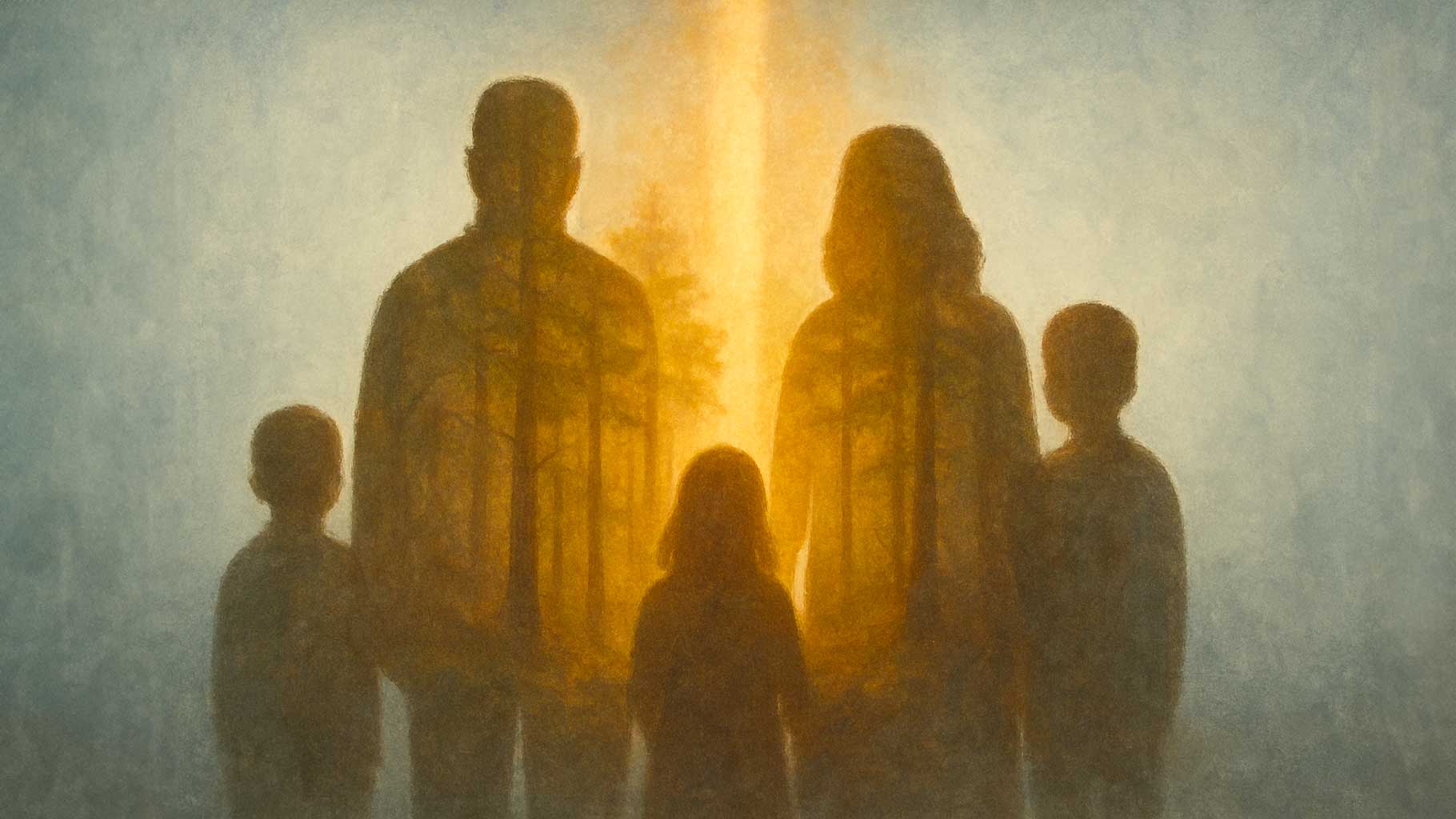 Illustrazione in doppia esposizione della famiglia nel bosco, con fascio di luce verticale che simboleggia l’intervento del tribunale dei minori di Chieti.