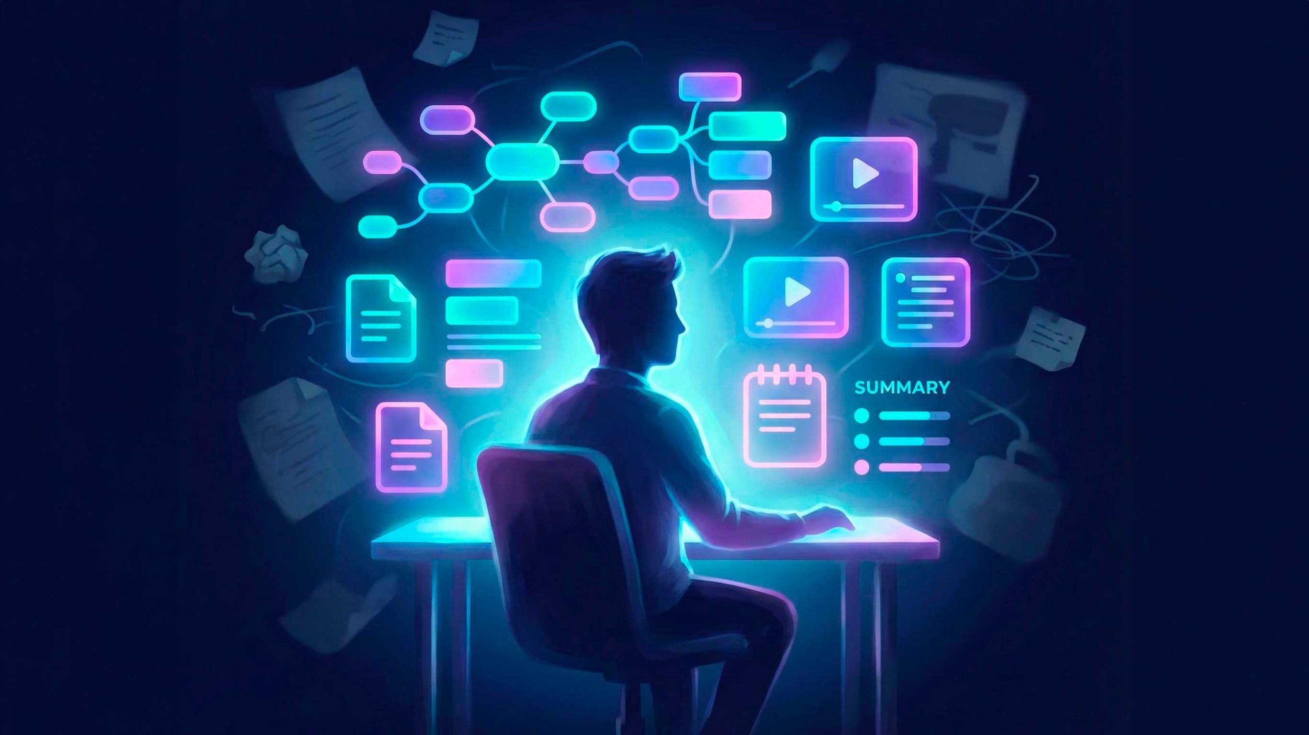 come-utilizzare-notebooklm-per-lavorare-meglio-analisi-fonti-organizzazione-conoscenza Illustrazione di una persona al computer circondata da icone digitali che rappresentano documenti, mappe concettuali e sintesi: concetto di come utilizzare NotebookLM per lavorare meglio.