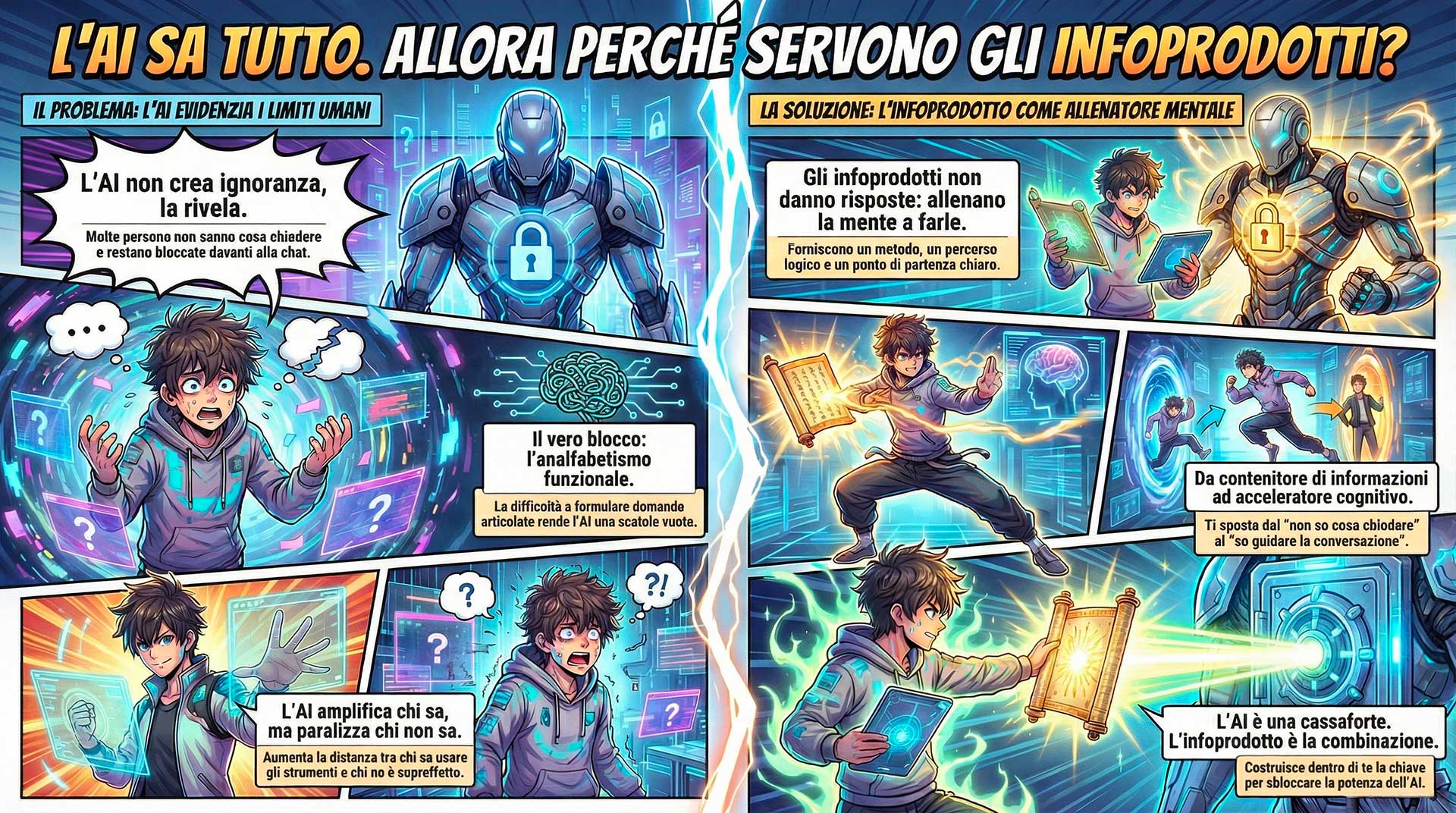 infoprodotti-e-intelligenza-artificiale-perche-servono-gli-infoprodotti Infografica che spiega perché, nell’era di infoprodotti e intelligenza artificiale, servono ancora le guide pratiche per formulare domande efficaci.