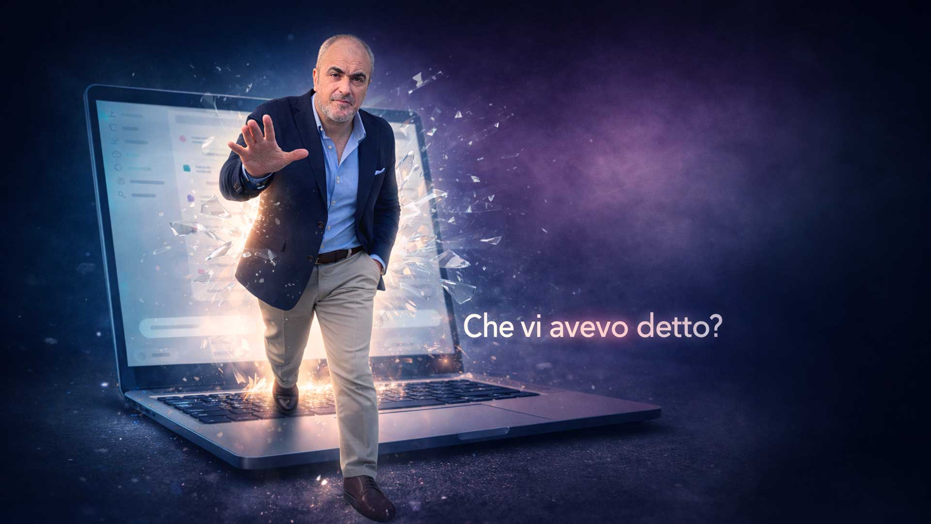 Uomo che emerge da uno schermo mentre compaiono gli ADS in ChatGPT e la pubblicità entra nell’intelligenza artificiale