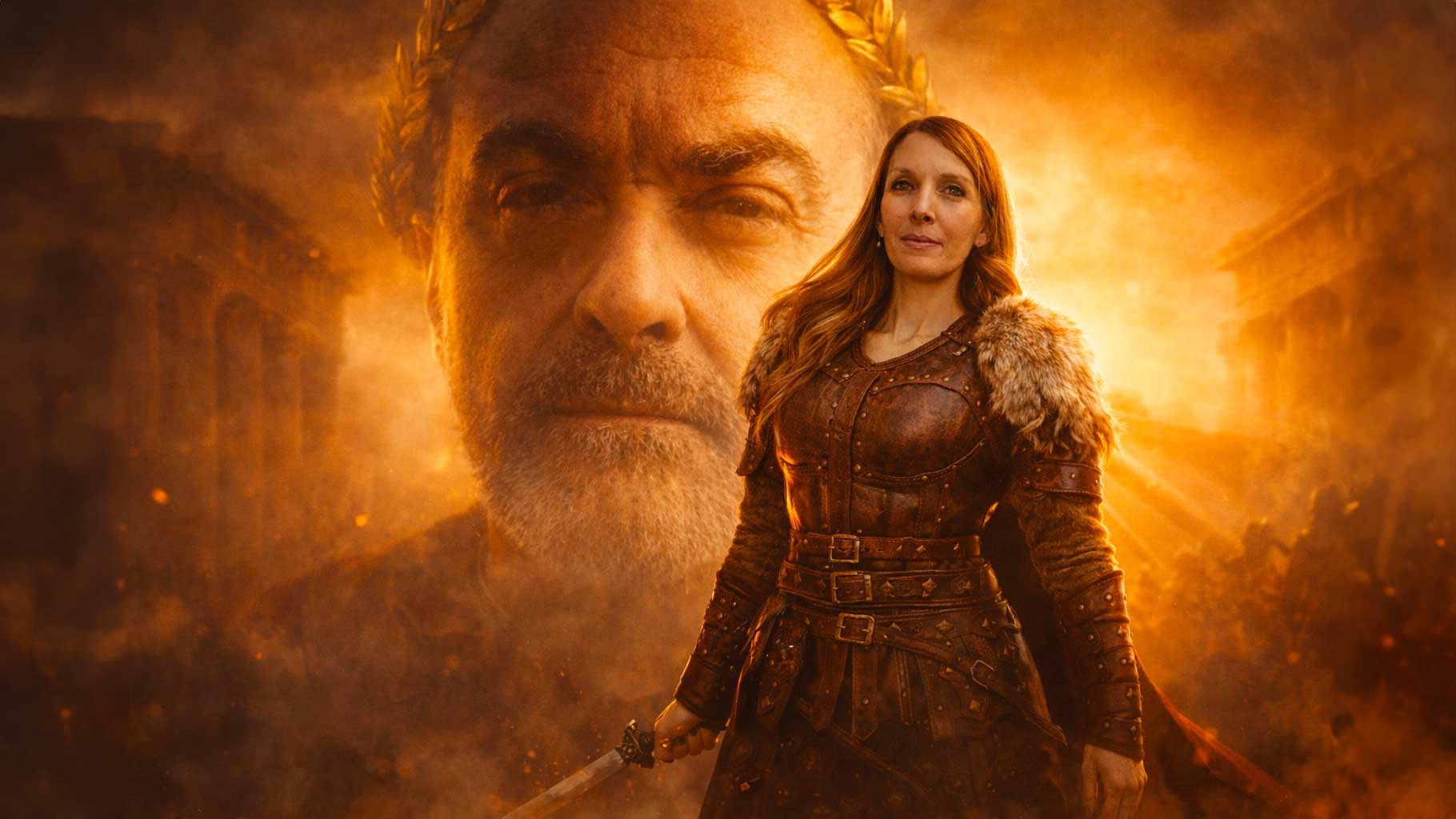 Donna in armatura in stile poster cinematografico epico, creata con AI per imparare la grafica cinematografica con ChatGPT.