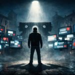 Illustrazione simbolica di un uomo isolato sotto i riflettori circondato da schermi digitali che rappresentano la gogna mediatica e la pressione sociale.