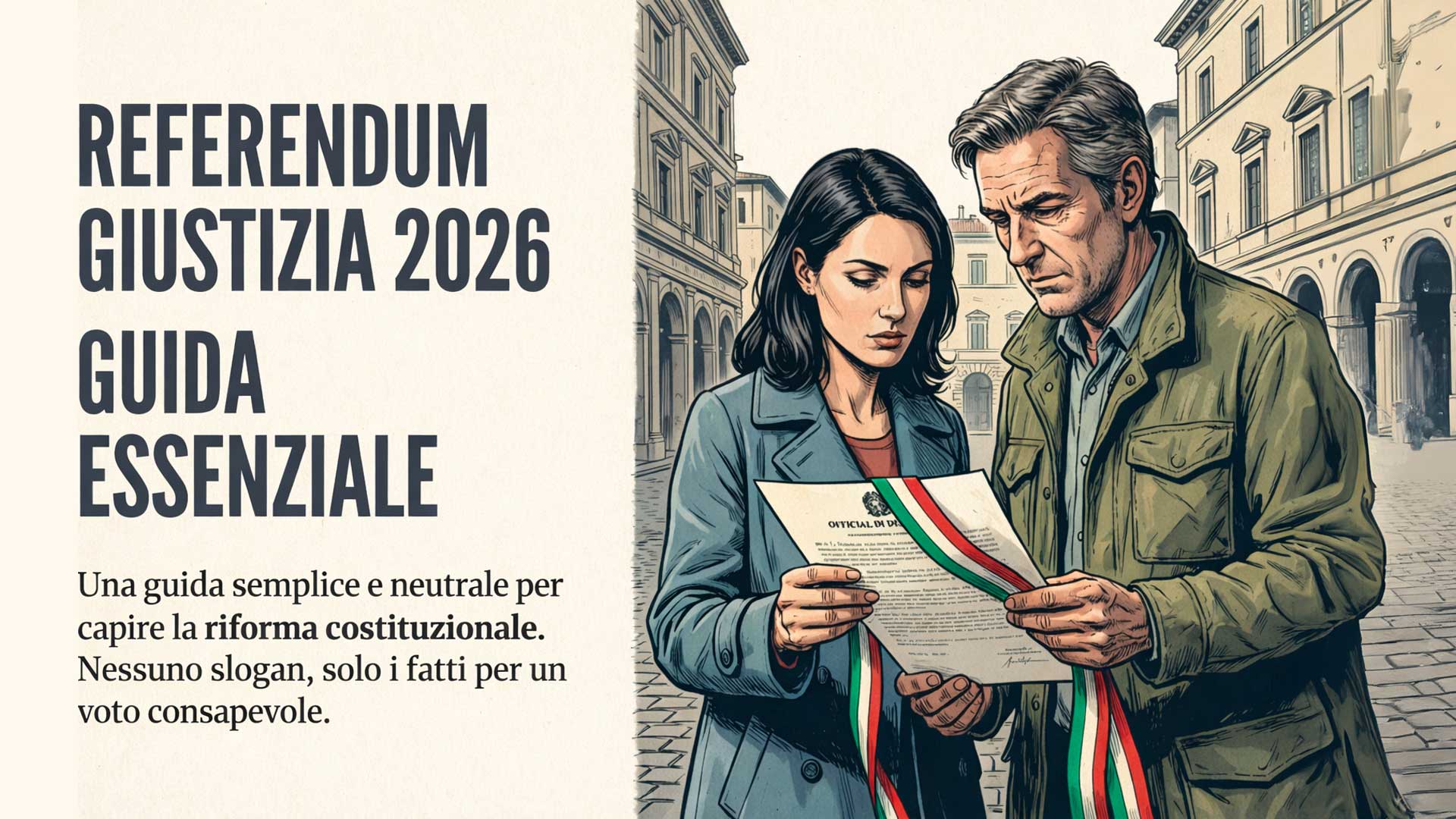 Guida semplice referendum giustizia 2026 Guida semplice referendum giustizia 2026 illustrata con cittadini che leggono il documento della riforma costituzionale
