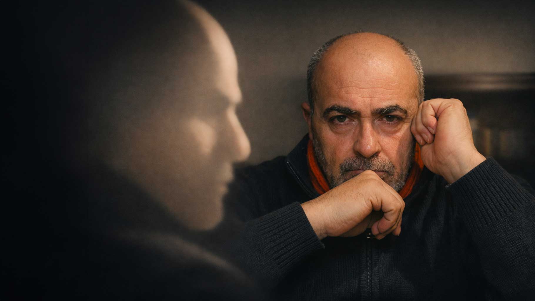 Ritratto cinematografico di Carlo D’Angiò che rappresenta come le immagini AI su Facebook influenzano la percezione prima del giudizio