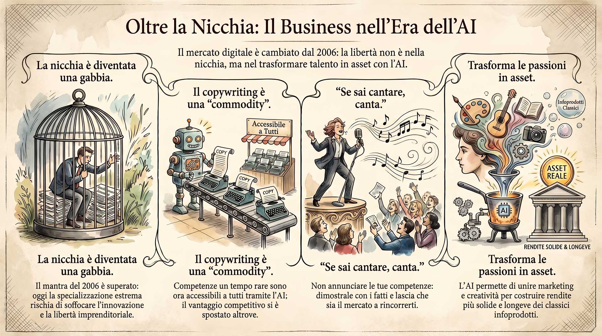 Infografica su come guadagnare con la musica AI nel 2026: la nicchia è una gabbia, il copywriting è una commodity, se sai cantare canta, trasforma le passioni in asset