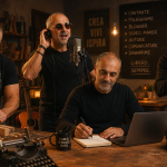Rappresentazione visiva dell’anti-posizionamento: Carlo D’Angiò nelle sue diverse identità creative tra musica, blogging, video making e falegnameria.