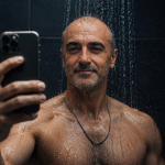Carlo D'Angiò si riprende con uno smartphone sotto la doccia. Immagine simbolica sul rapporto tra autenticità, personal branding e successo professionale.