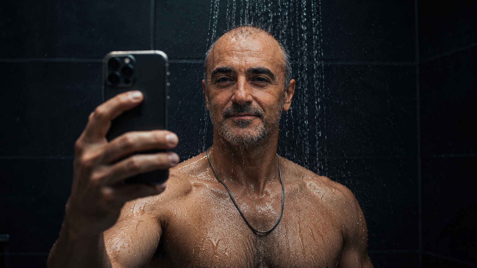 come-essere-se-stessi-e-avere-successo Carlo D'Angiò si riprende con uno smartphone sotto la doccia. Immagine simbolica sul rapporto tra autenticità, personal branding e successo professionale.