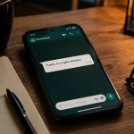 Smartphone con messaggio WhatsApp su tavolo da lavoro, simbolo del nuovo infomarketing basato su relazioni umane e mini tutoraggi