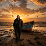Carlo D’Angiò cammina accanto a una barca arenata al tramonto, immagine simbolica del Laboratorio Mensile di Zio Carlo e della rinascita creativa dopo anni in modalità sopravvivenza.