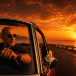 Uomo alla guida di un'auto durante un tramonto estivo sul mare, immerso nella malinconia dei tramonti d'estate