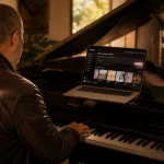 Uomo seduto al pianoforte mentre utilizza Suno AI su un MacBook per comporre musica d'autore con l'intelligenza artificiale.