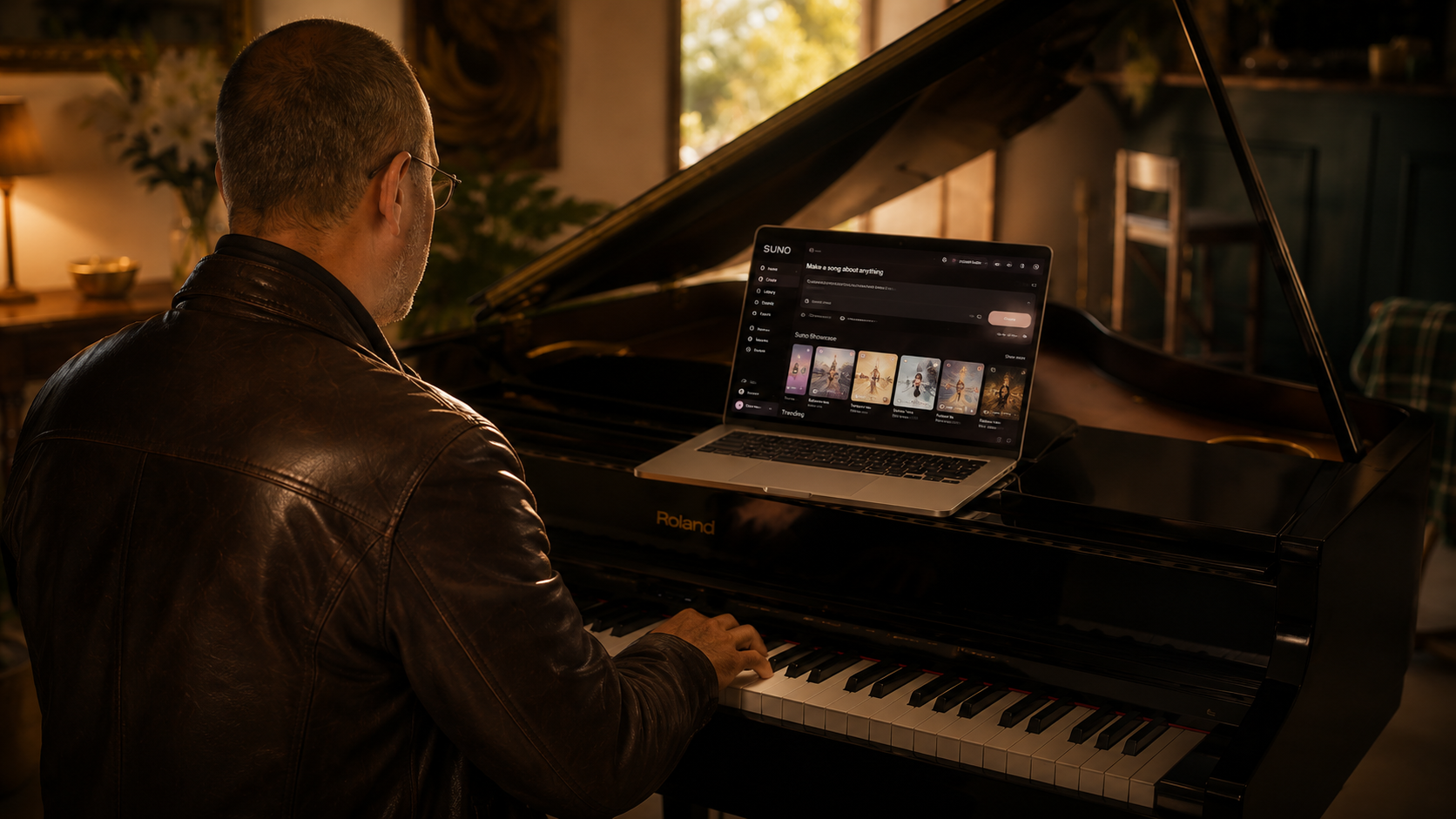 Uomo seduto al pianoforte mentre utilizza Suno AI su un MacBook per comporre musica d'autore con l'intelligenza artificiale.