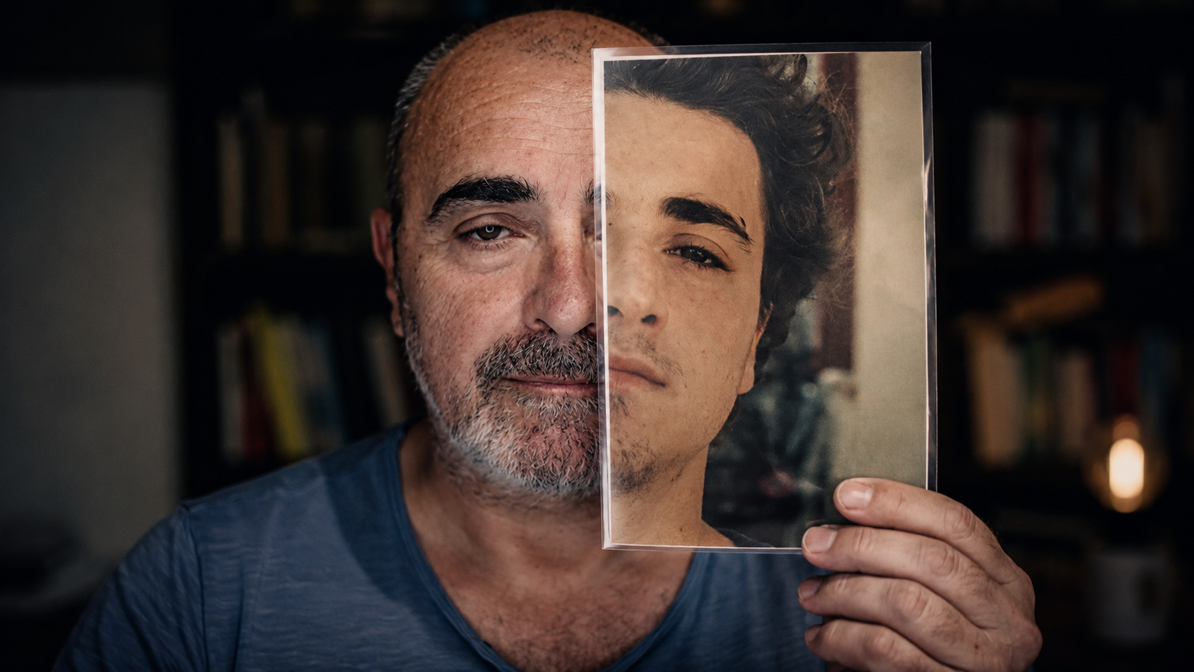 Autodifesa finanziaria: Carlo D'Angiò adulto tiene davanti al volto una fotografia di sé da giovane