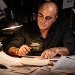 Carlo D'Angiò esamina con una lente d'ingrandimento le trascrizioni del workshop da cui è nato il Sistema SIC.
