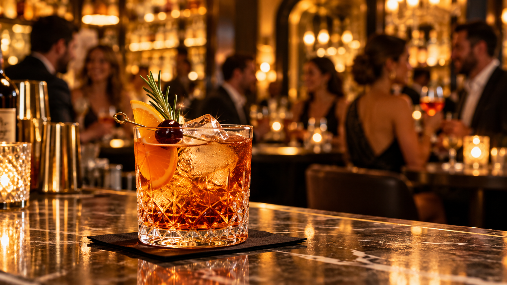 Come aumentare gli incassi di un bar Drink in primo piano su bancone di un bar elegante con clienti sfocati sullo sfondo durante l’aperitivo