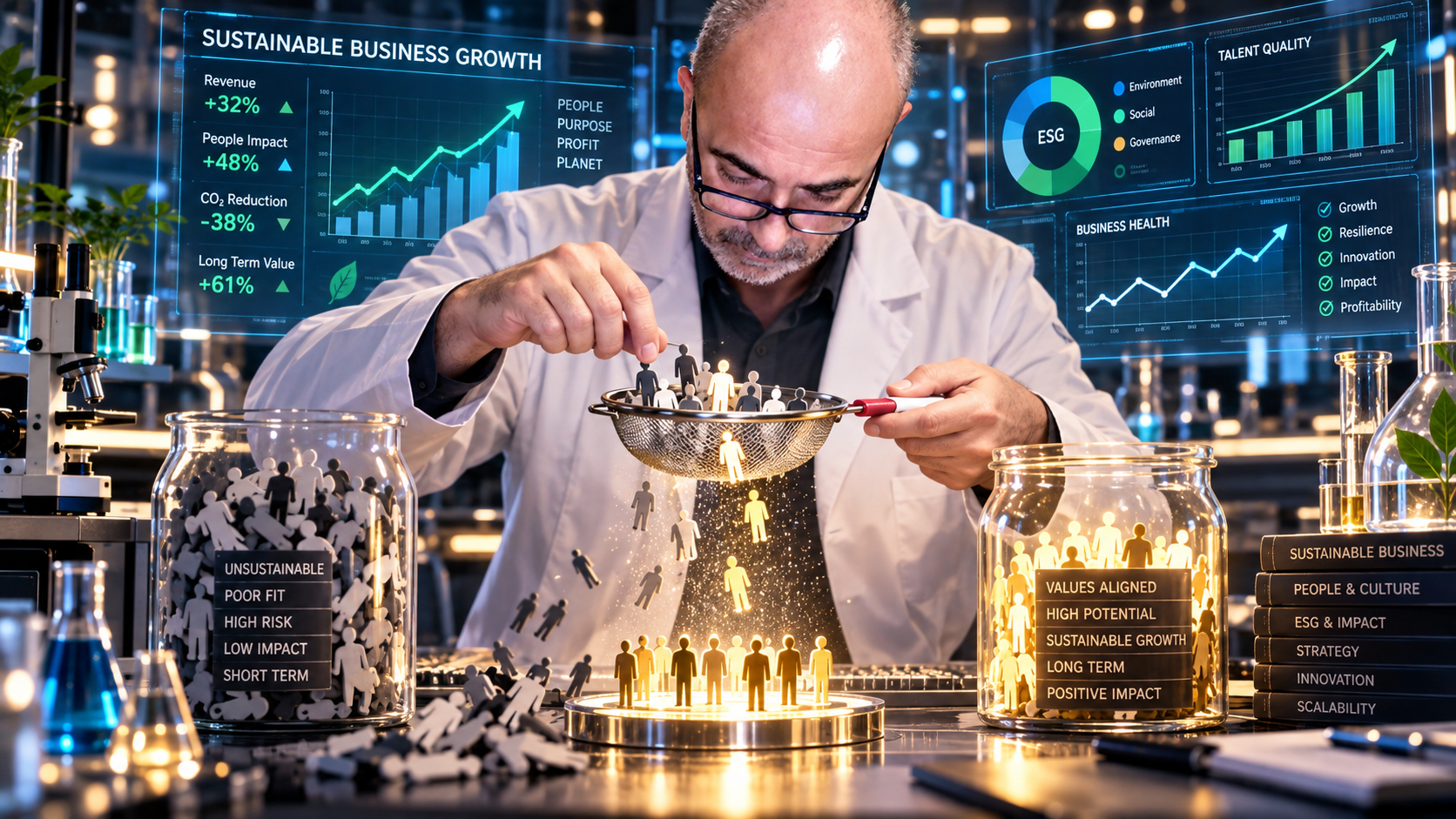Il pubblico che attiri decide il business che puoi costruire Uomo in camice bianco in un laboratorio metà chimico e metà digitale che passa persone in un setaccio, con grafici sullo sfondo dedicati alla crescita di un business sostenibile.