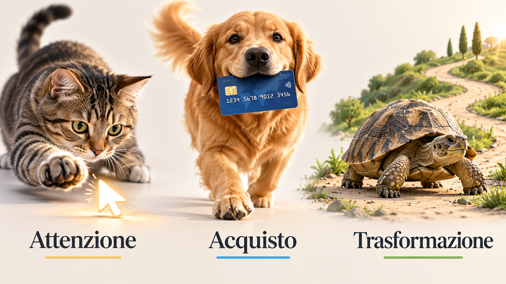 Tre animali diversi: attenzione, acquisto e trasformazione Illustrazione con un gatto che rappresenta l’attenzione, un cane con una carta di credito che rappresenta l’acquisto e una tartaruga su un sentiero che rappresenta la trasformazione.