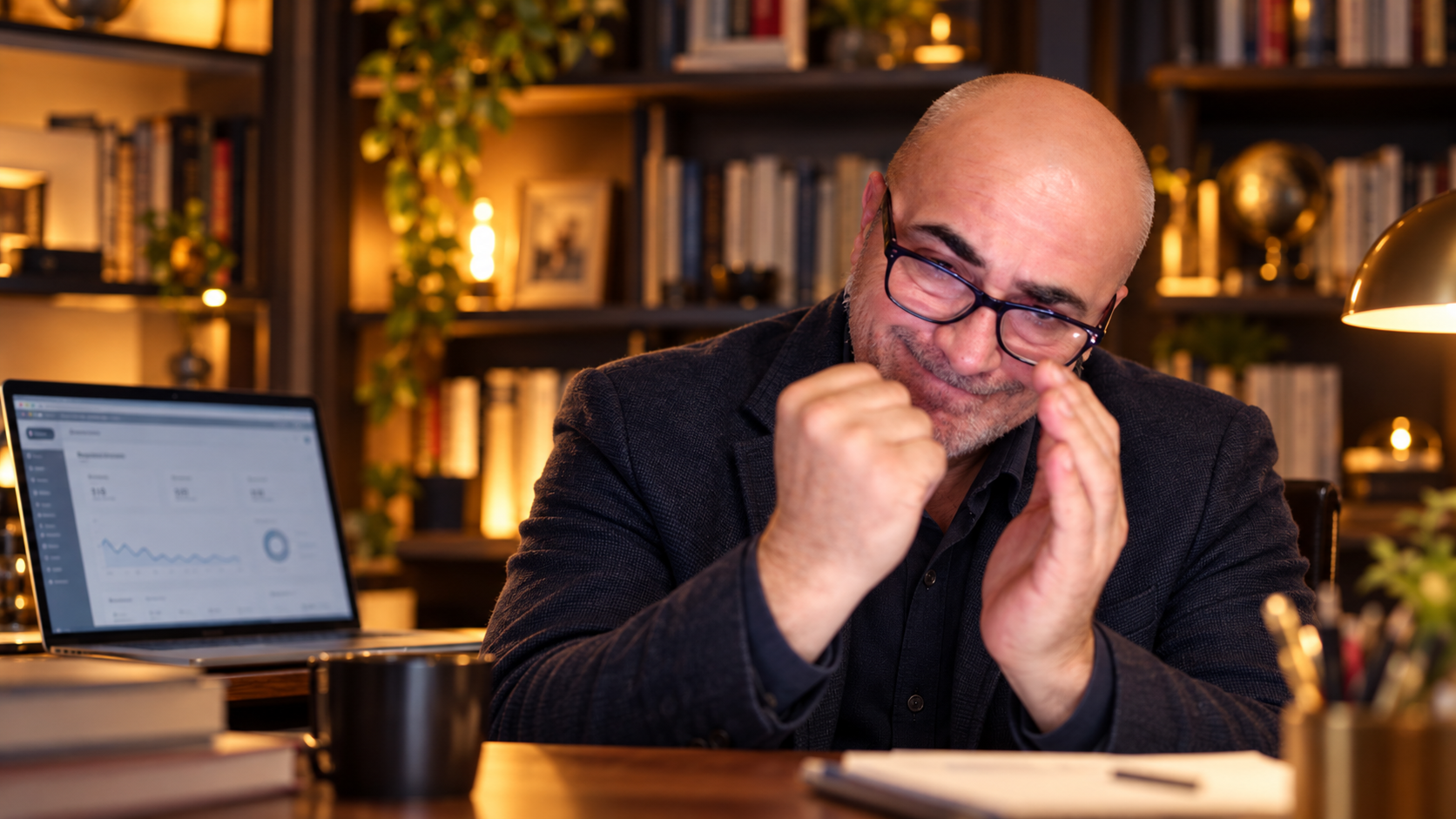Carlo D’Angiò alla scrivania con un sorriso imbarazzato, accanto al portatile con le statistiche di un sito che non porta clienti
